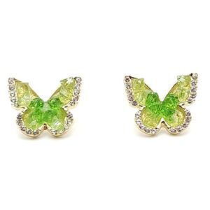 Gold Tone Green Crystal Butterfly Stud Earrings Rhinestone Elegant